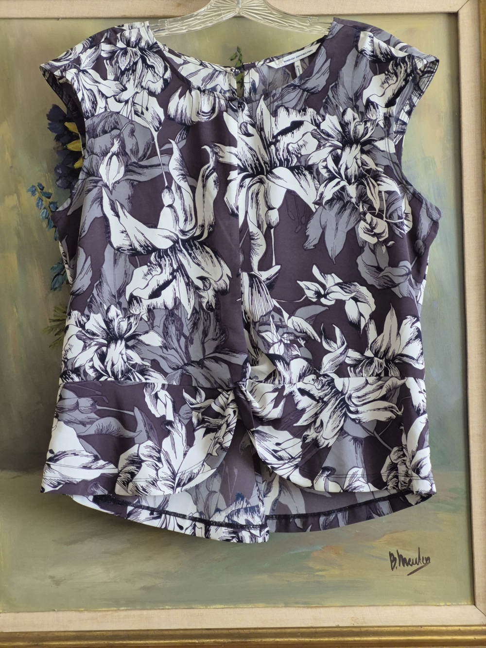 French Connection Floral Cap-Sleeve Twist-Front Blouse in Gray and White